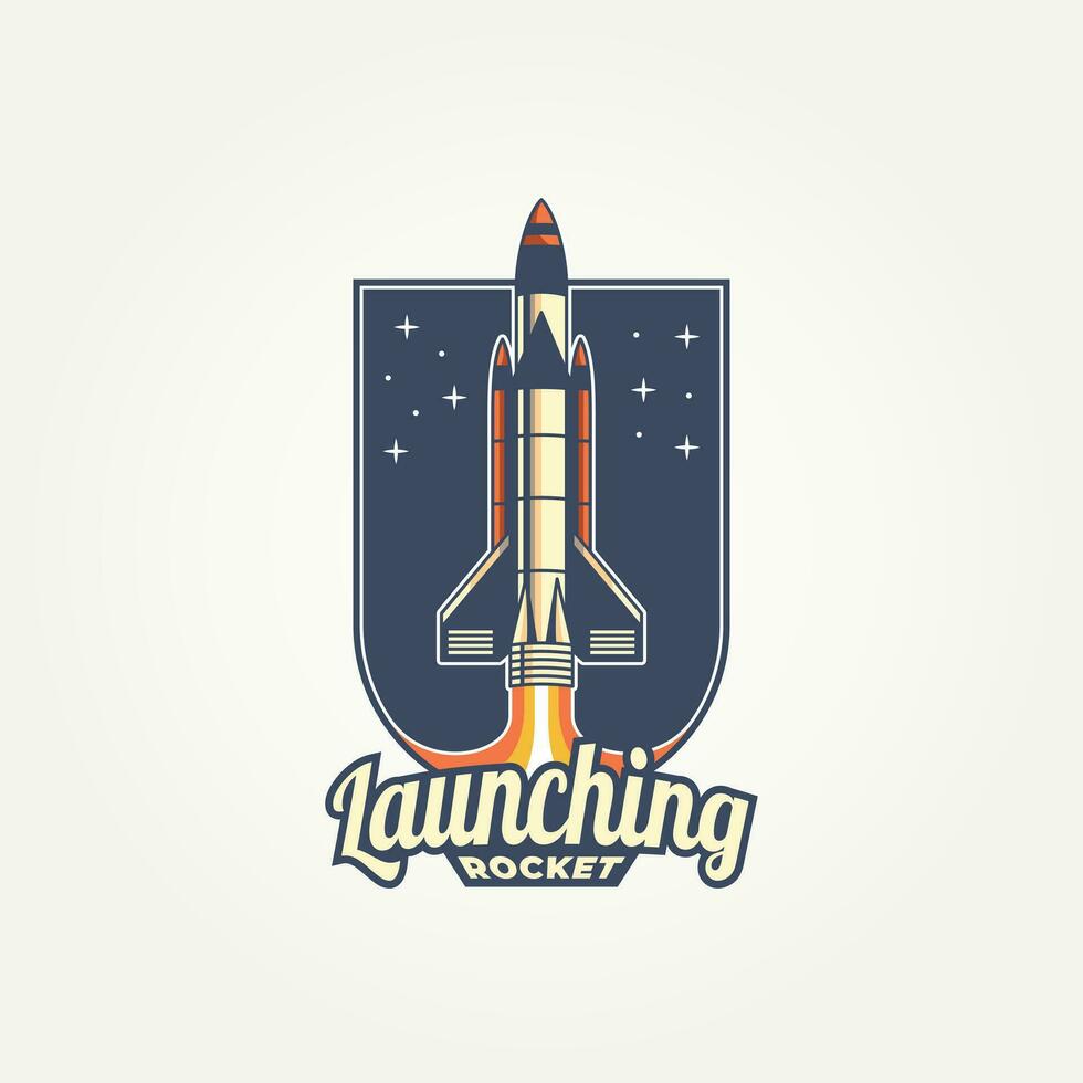 vaisseau spatial fusée lancement ancien badge logo modèle vecteur illustration conception. rétro futuriste, espace, innovation emblème logo concept