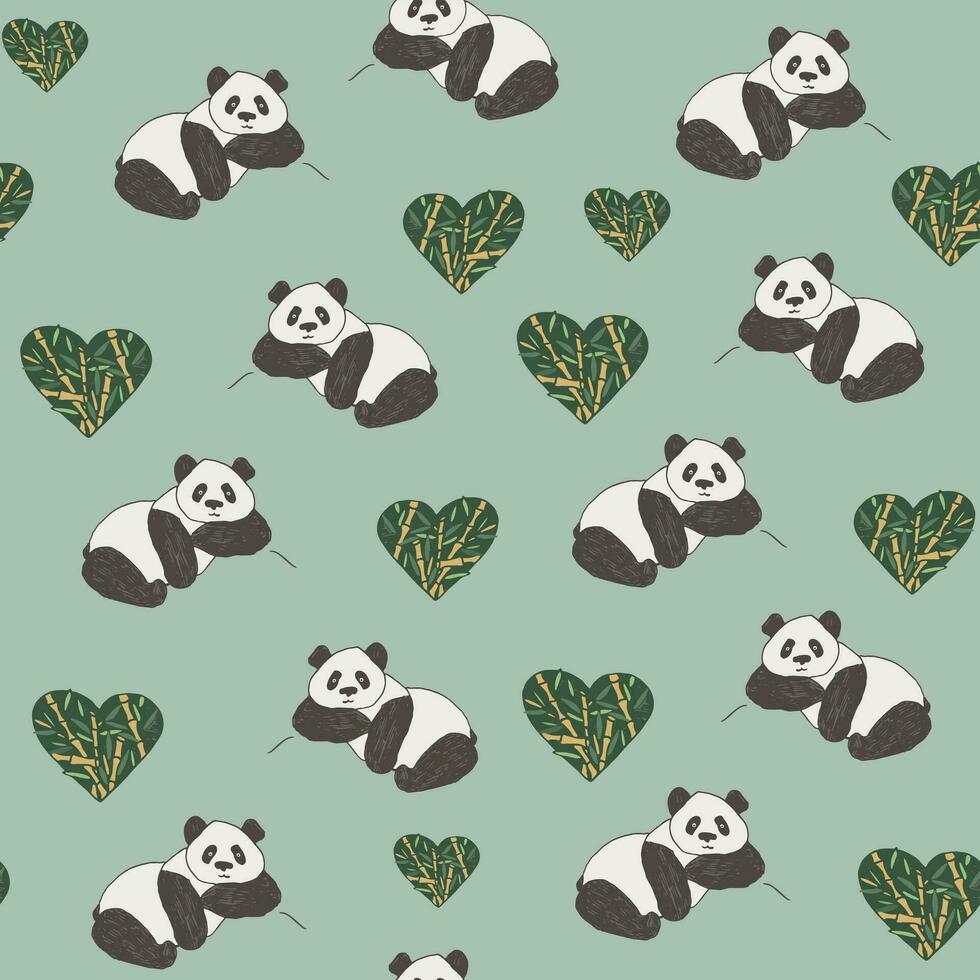 Panda ours et feuilles bambou cœurs vecteur sans couture modèle