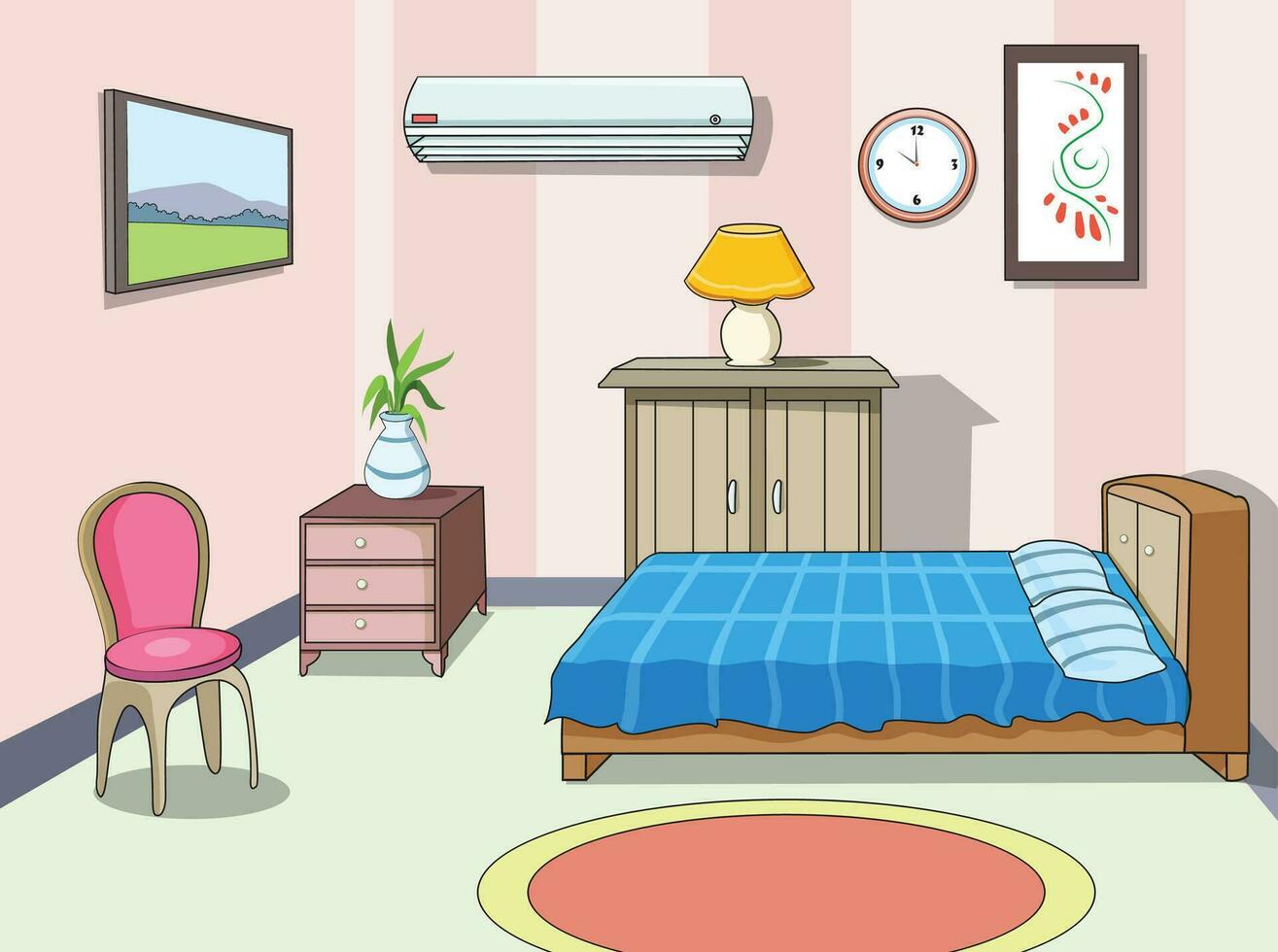 chambre illustration montrant lit, air Conditionneur, chaise, table lampe, horloge, peinture, couverture et fleur pot vecteur