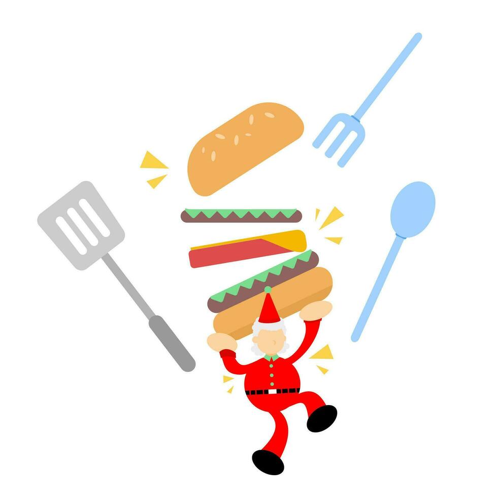 Noël rouge Père Noël claus et manger Burger vite nourriture dessin animé griffonnage plat conception style vecteur illustration