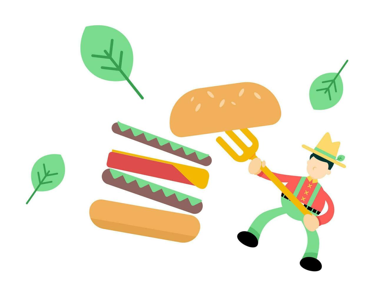 content agriculteur homme agriculture et manger Burger vite nourriture dessin animé griffonnage plat conception style vecteur illustration