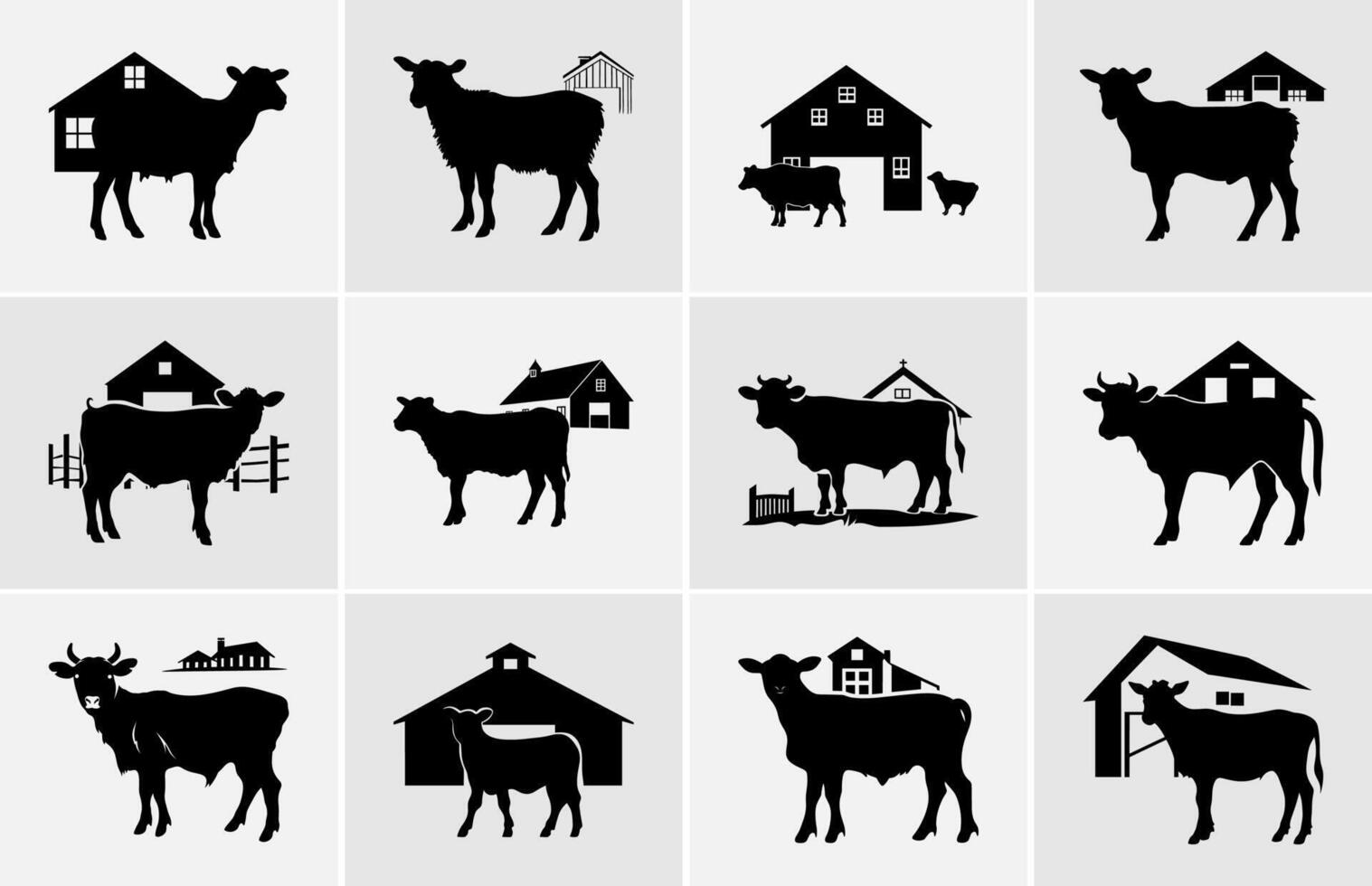 ferme animaux dans silhouette, les terres agricoles silhouette paysage vecteur illustration.