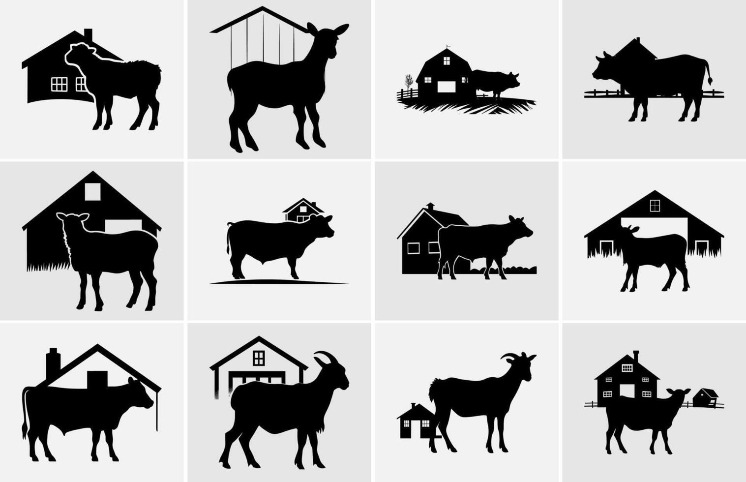 ferme animaux dans silhouette, les terres agricoles silhouette paysage vecteur illustration.