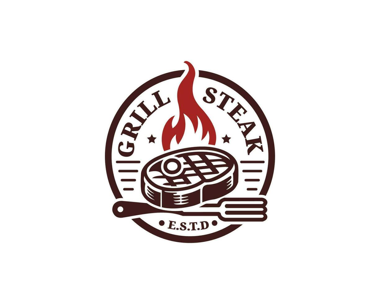 chaud steak gril logo conception. spatule avec Viande Feu flamme. restaurant logo vecteur