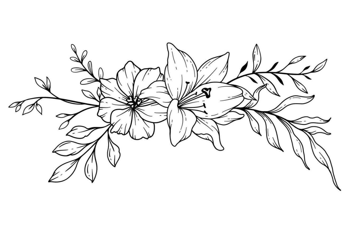 fleurs sauvages ligne dessin. noir et blanc floral bouquets. fleur coloration page. floral ligne art. bien ligne fleurs sauvages illustration. main tiré fleurs. botanique coloration. mariage invitation fleurs vecteur