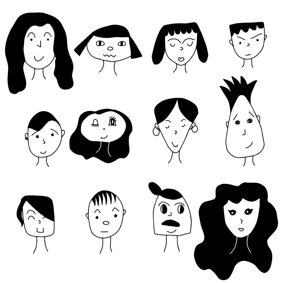 caricature dessinée à la main fait face à la foule doodle collection d'avatars, illustration vectorielle vecteur