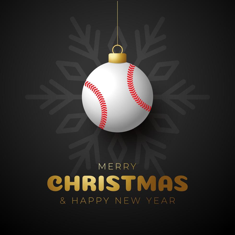 joyeux noël et bonne année carte de voeux de sport de luxe. balle de baseball comme boule de Noël sur fond. illustration vectorielle. vecteur