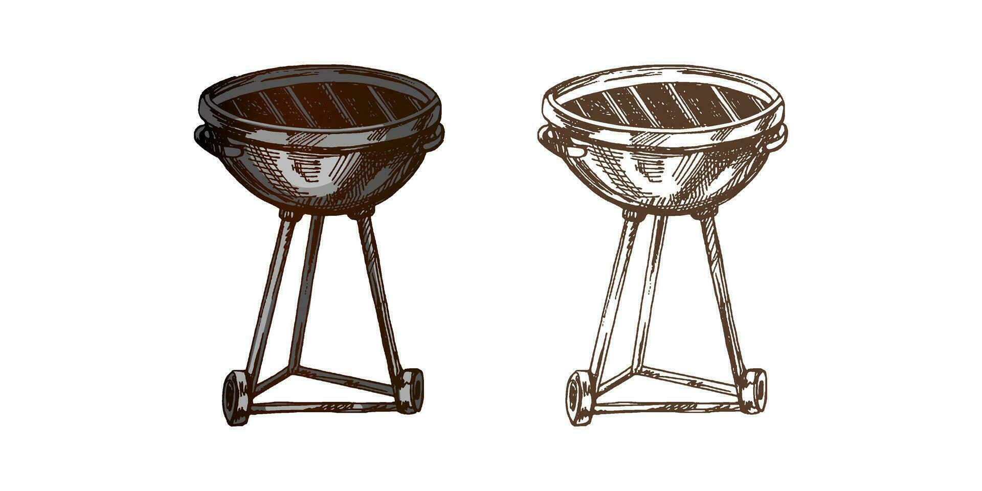 dessiné à la main vecteur coloré et monochrome esquisser de barbecue gril et bois de chauffage sur blanc Contexte. griffonnage ancien illustration. décorations pour le menu de les cafés et Étiquettes.