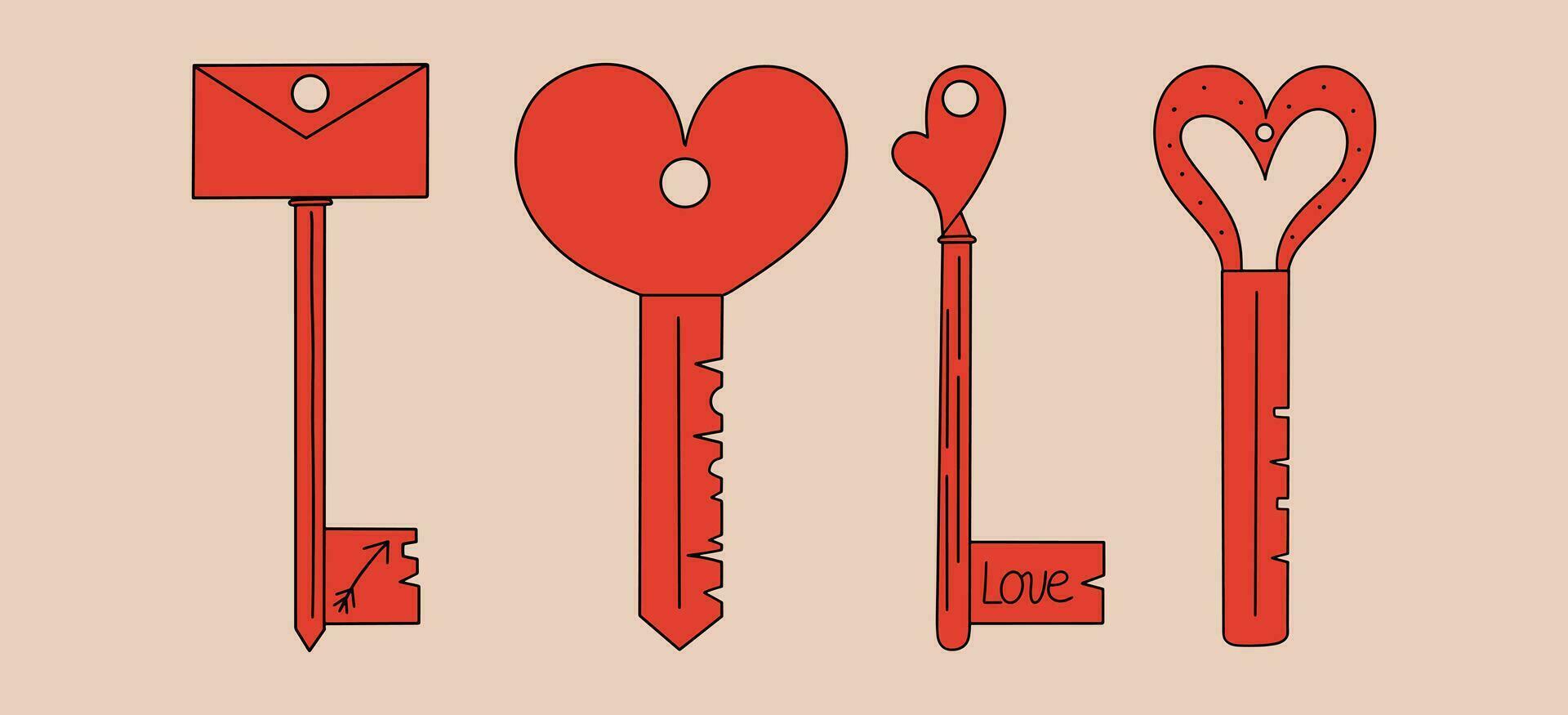 ensemble de art romantique clés avec cœurs, lettre. vecteur illustration dans plat style