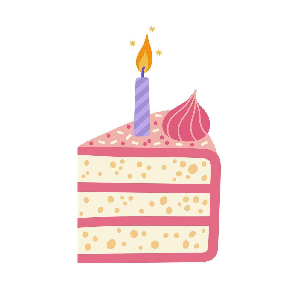 pièce de anniversaire gâteau, vecteur icône. savoureux sucré dessert avec une brûlant bougie, biscuit, crème, rose glaçage, arrose. cuisson tranche isolé sur blanche. plat dessin animé clipart pour salutation cartes, impression