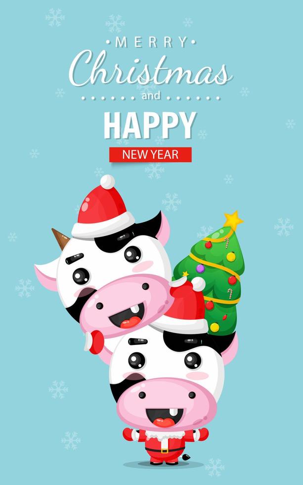 joyeuse carte de noël avec une vache mignonne portant un costume de noël vecteur