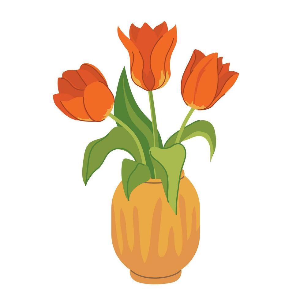 rouge tulipes vase dans plat style sur blanc Contexte. printemps bouquet. vecteur illustration.