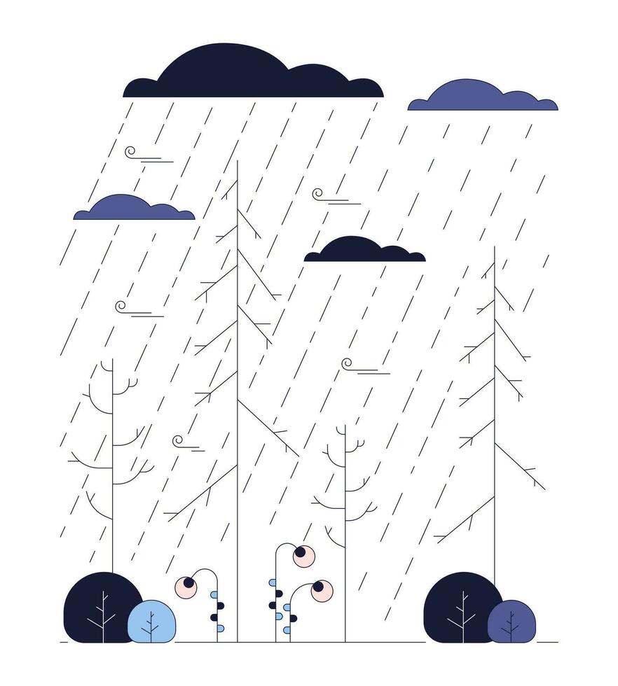 l'automne pluvieux temps ligne dessin animé plat illustration. tomber saison pluviométrie 2d lineart paysage isolé sur blanc Contexte. sombre octobre, septembre. lourd pluie parc scène vecteur Couleur image