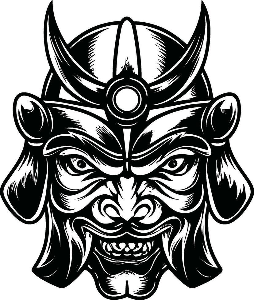 traditionnel Japonais guerrier masque expression démoniaque visage noir et blanc vecteur Japonais glyphe soldat