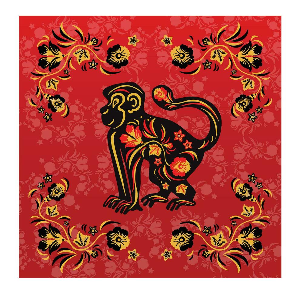 salutation carte singe avec rouge et Jaune dans ethnique russe style, symbole de le année, vecteur illustration