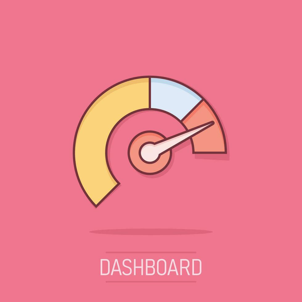 icône du tableau de bord du compteur dans le style comique. pictogramme d'illustration vectorielle de dessin animé de niveau d'indicateur de pointage de crédit. jauges avec effet d'éclaboussure du concept d'entreprise à l'échelle de mesure. vecteur