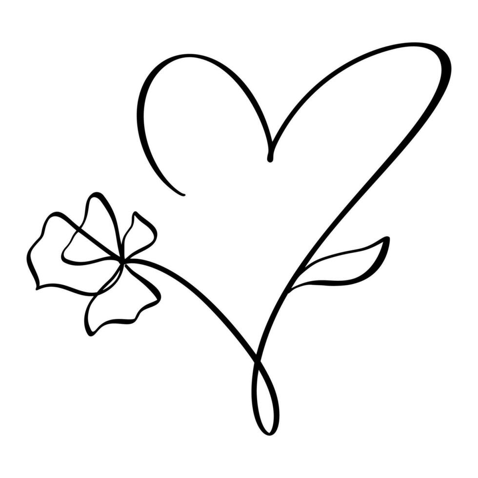 main tiré l'amour cœur avec fleur vecteur logo un art ligne illustration. noir contour. élément pour Valentin journée bannière, printemps affiche, salutation carte