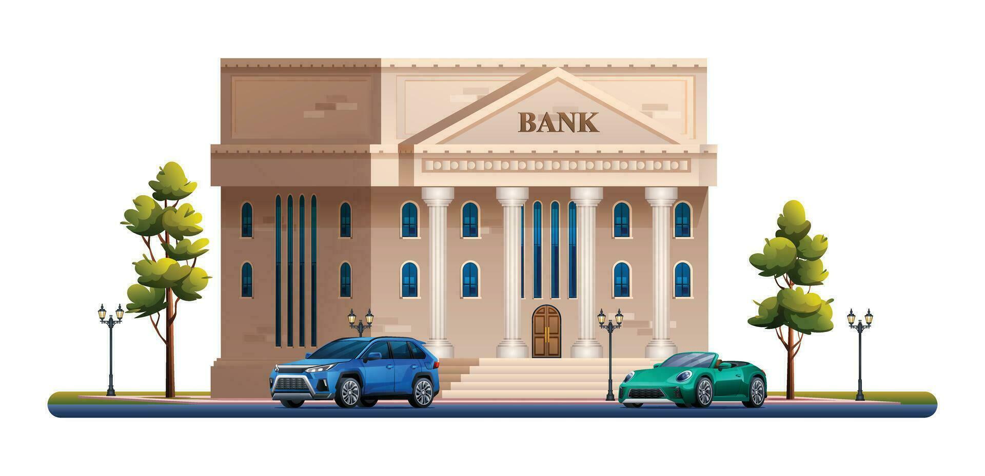 banque bâtiment avec voitures. vecteur illustration isolé sur blanc Contexte
