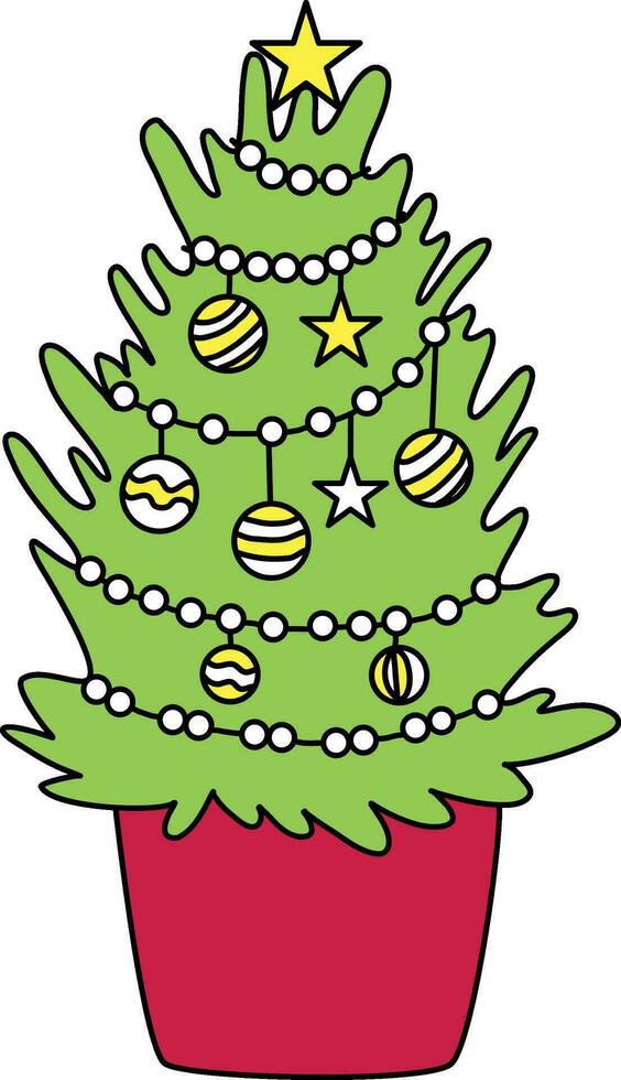 mignonne dessiné à la main dessin animé Noël arbre orné avec lumières, boules, et étoiles. il Caractéristiques cadeaux en dessous de le arbre et sert comme une de fête décoration pour Noël et Nouveau année célébrations vecteur