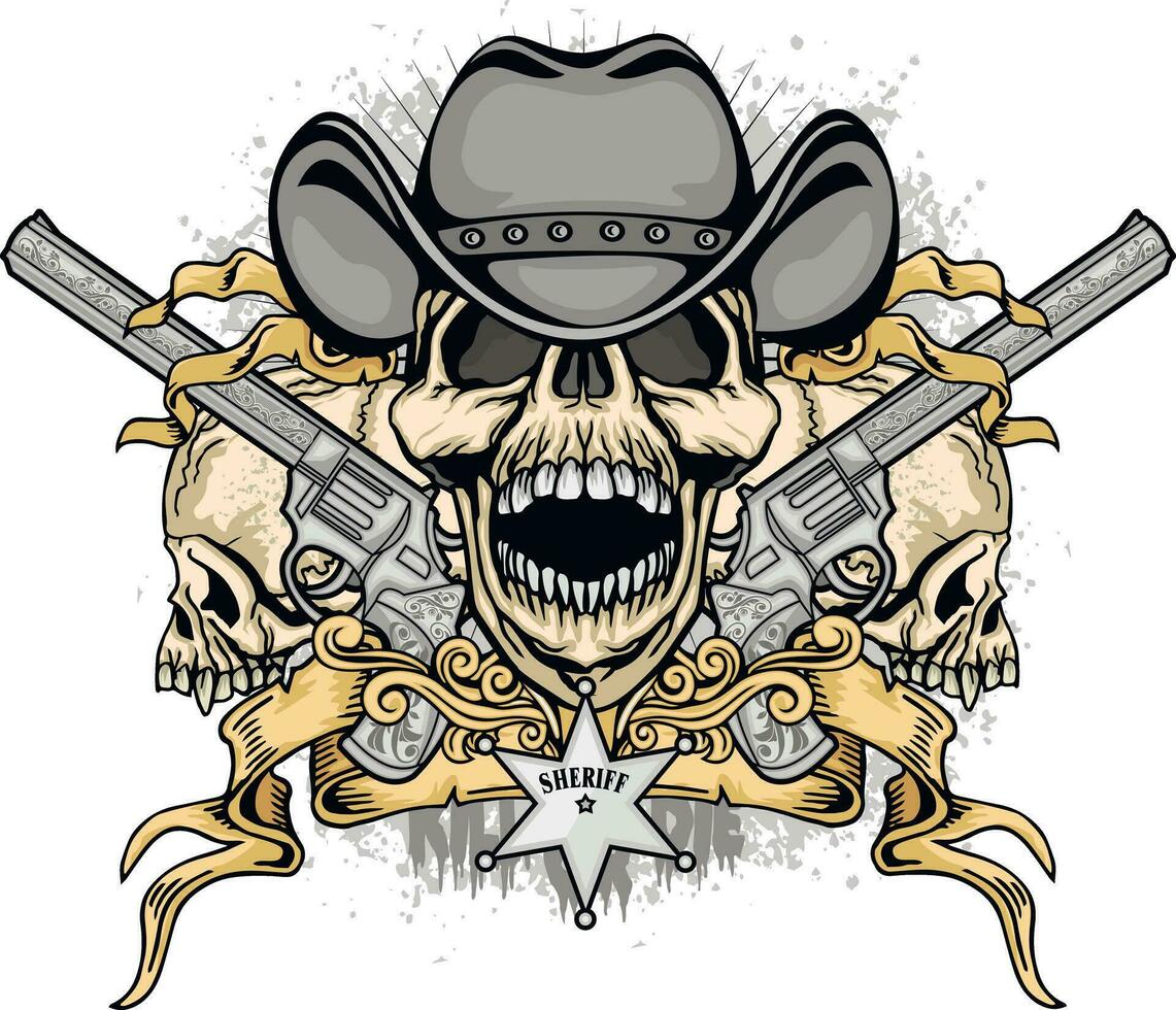 cow-boy signe avec crâne et armes à feu, grunge ancien conception t chemises vecteur