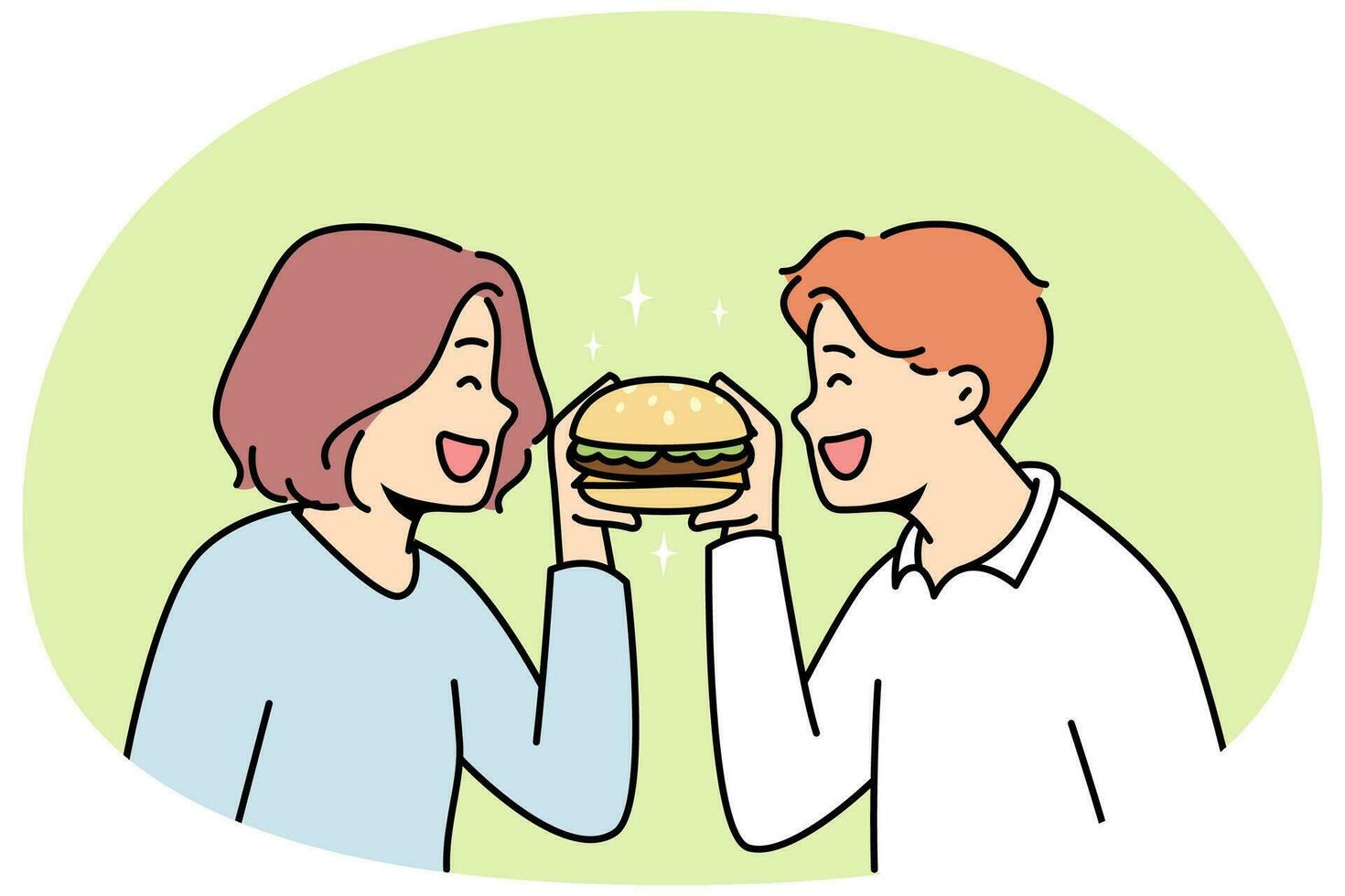 couple souriant mangeant un hamburger savoureux ensemble. un homme et une femme heureux savourent un délicieux burger. chaîne de restauration rapide et de restauration. illustration vectorielle. vecteur