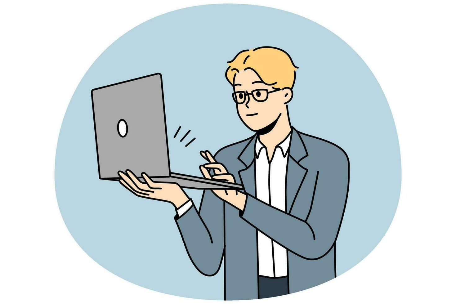souriant jeune homme en tenue de soirée travaillant sur ordinateur portable. homme d'affaires heureux occupé en ligne sur ordinateur. illustration vectorielle. vecteur