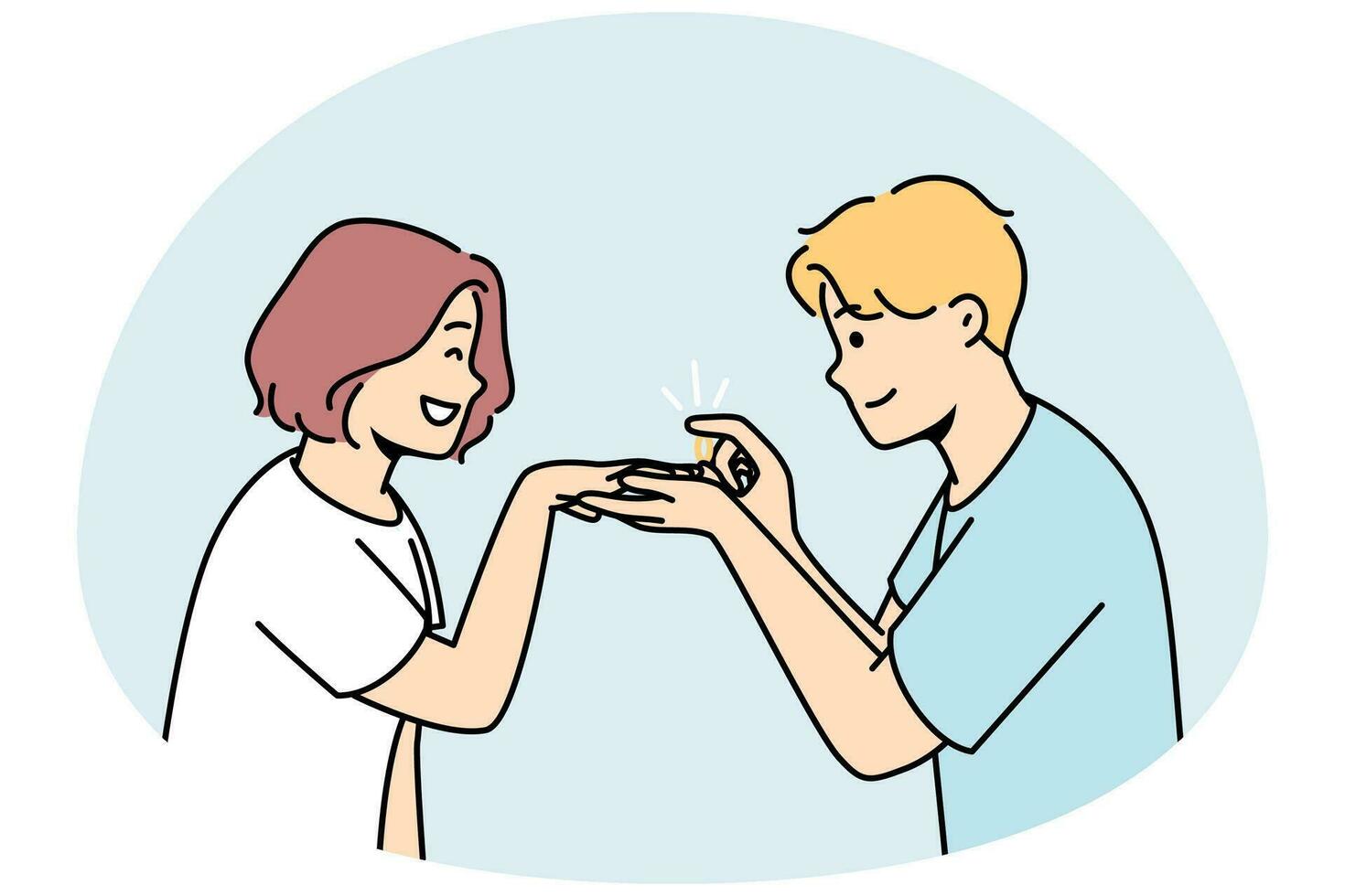 un homme aimant fait une proposition à une femme excitée. un homme heureux et attentionné a mis une bague de fiançailles sur un doigt féminin souriant. objectif de mariage et de relation. illustration vectorielle. vecteur