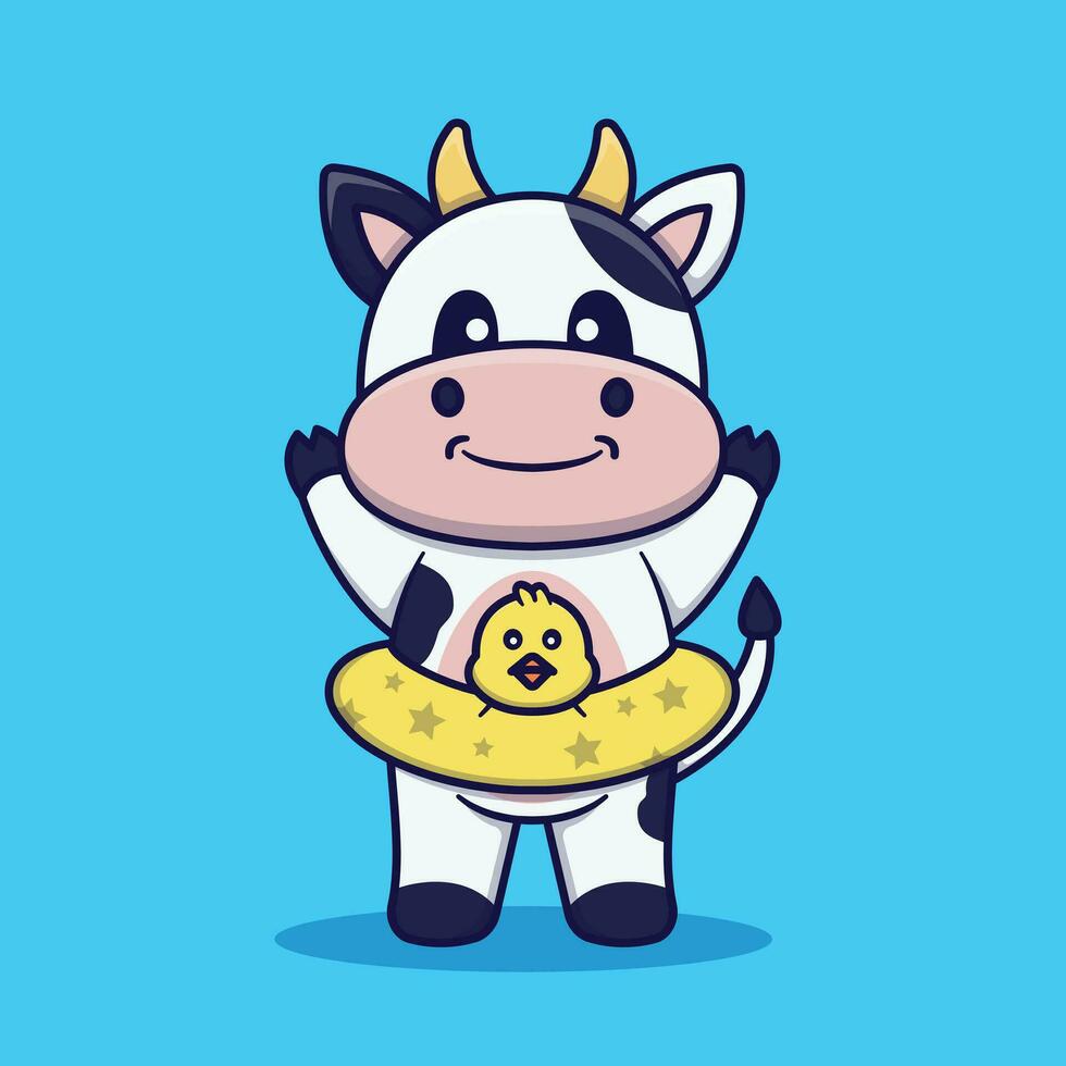 mignonne vache portant bouée de sauvetage vecteur dessin animé illustration