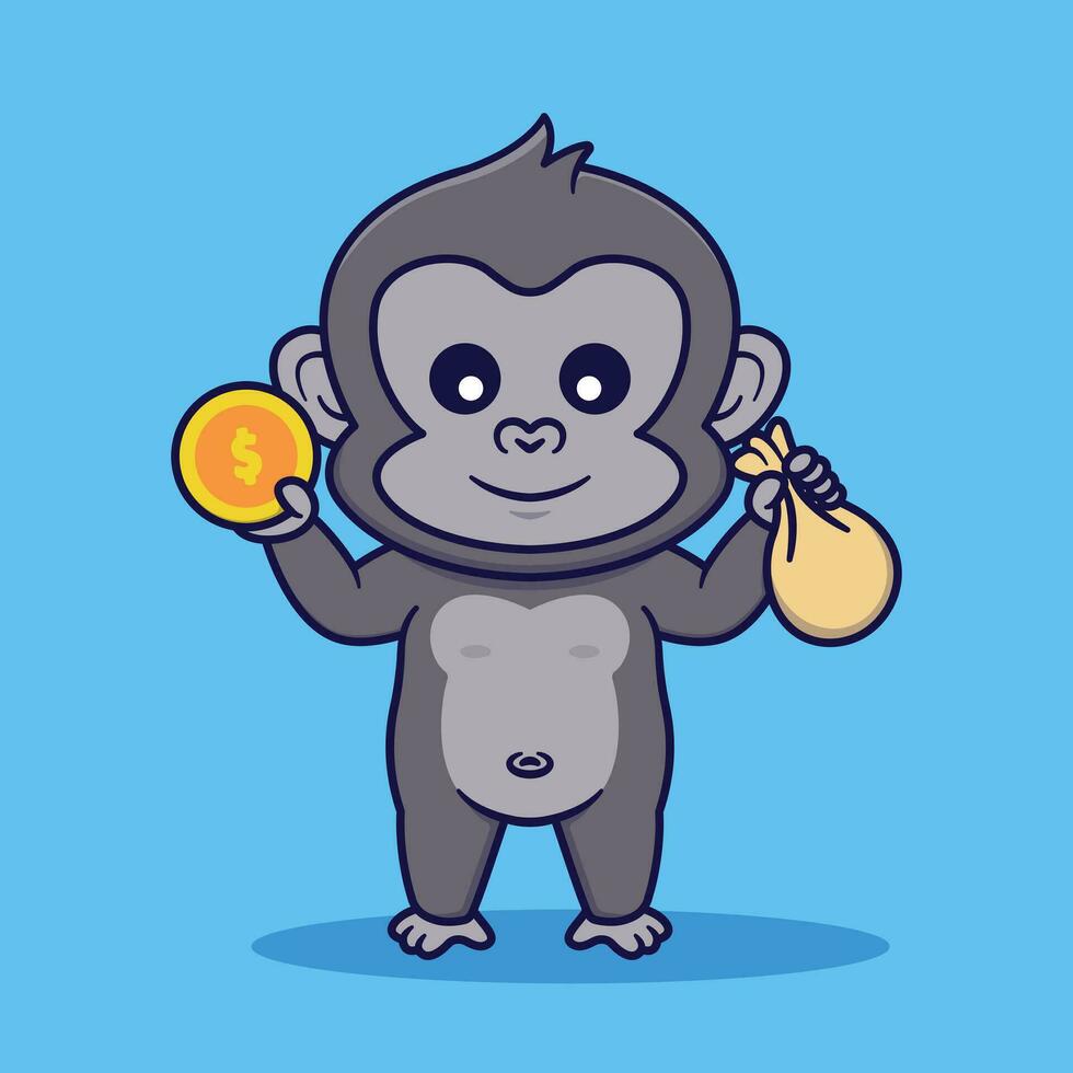 mignonne gorille en portant pièce de monnaie et sac vecteur illustration