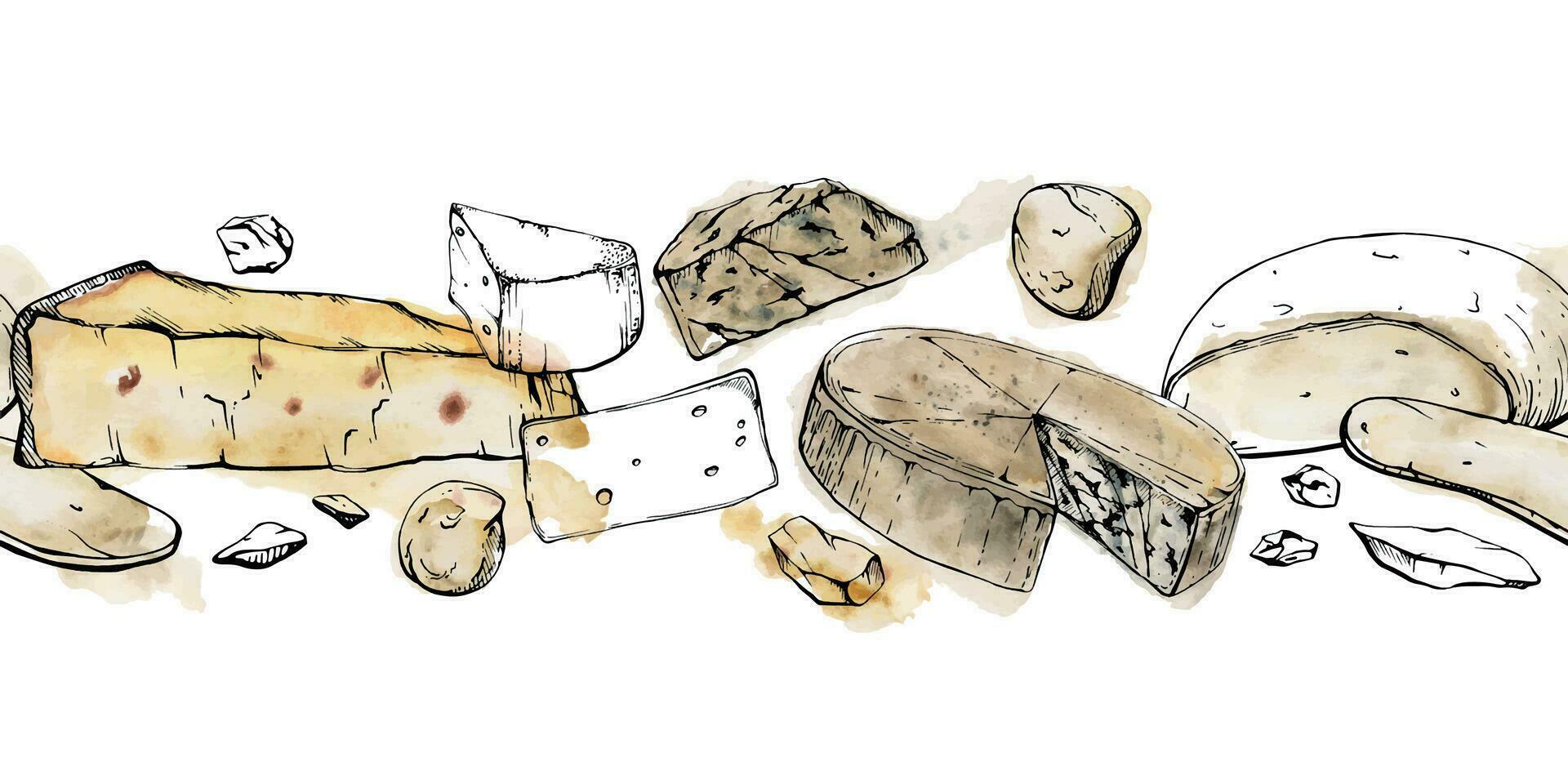 main tiré aquarelle encre illustration. assorti fromage mozzarella Parmesan Edam emmental Gruyère gorgonzola. sans couture frontière isolé sur blanche. restaurant menu, café, nourriture magasin emballer, prospectus imprimer. vecteur