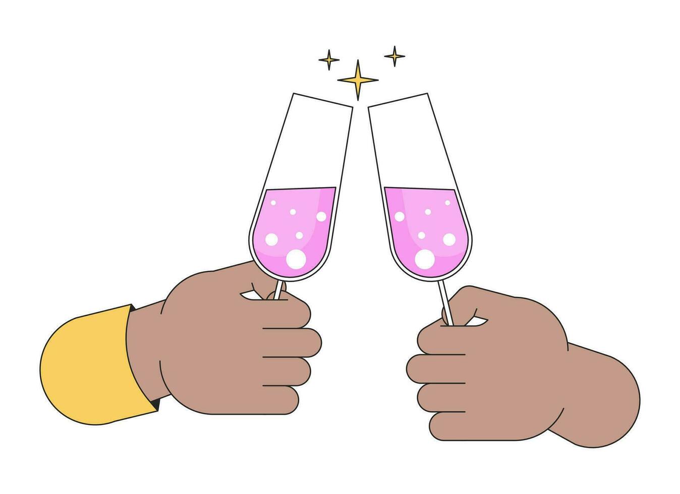 Champagne des lunettes tintement linéaire dessin animé personnage mains illustration. alcoolique verres à vin grillage contour 2d vecteur image, blanc Contexte. scintillait à votre santé modifiable plat Couleur clipart