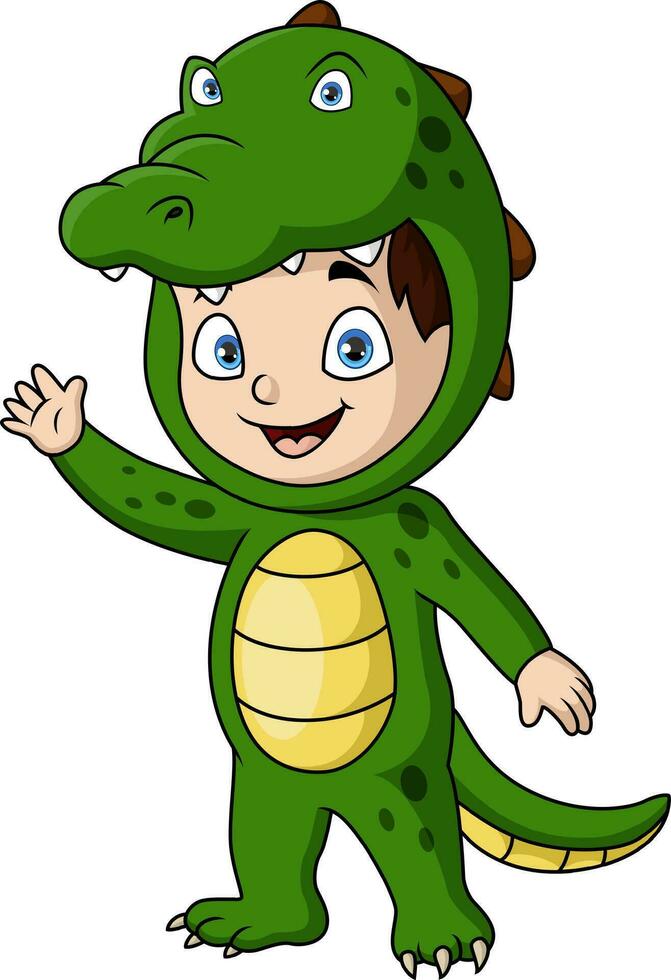 mignonne peu garçon dessin animé portant crocodile costume vecteur