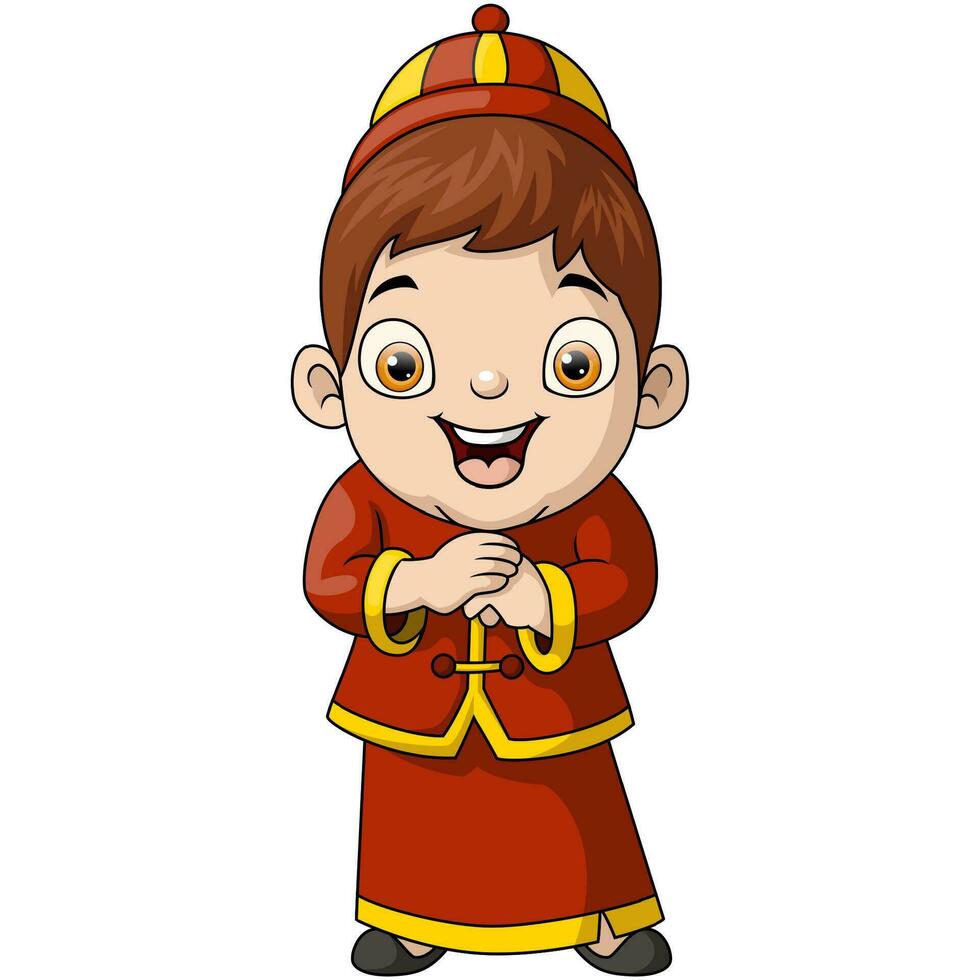 mignonne peu garçon dessin animé portant chinois costume vecteur