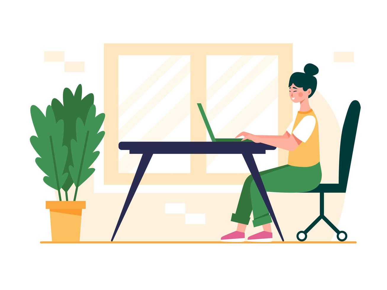 conception de concept de femme qui travaille. fille assise au bureau et travaillant sur l'ordinateur portable. illustration vectorielle plane vecteur