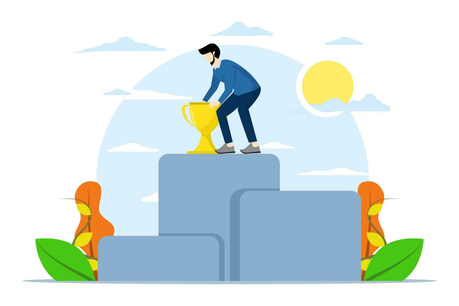 concept de gagnant dans entreprise. homme d'affaire permanent sur gagnant podium avec décerner, homme d'affaire avec d'or trophée, riches objectif réussite thème avec réussi plat personnage. vecteur illustration.