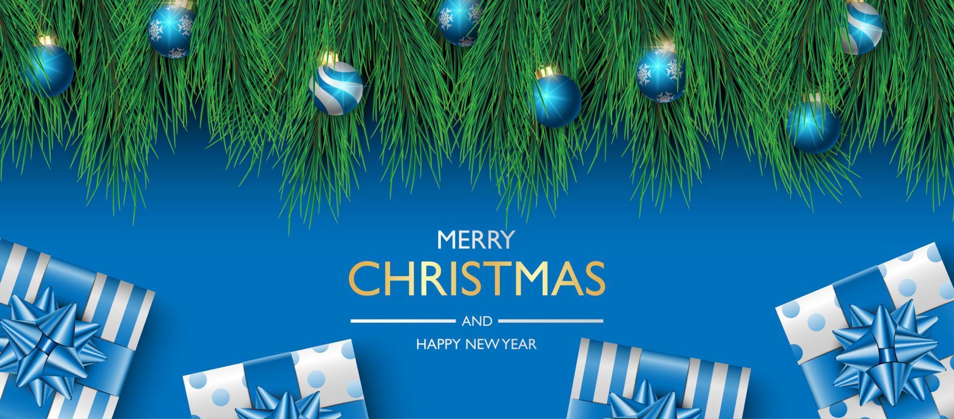 conception de fond de bannière de Noël, boîte de cadeaux sur fond bleu, fond de couverture de Noël, carte de voeux, illustration vectorielle vecteur