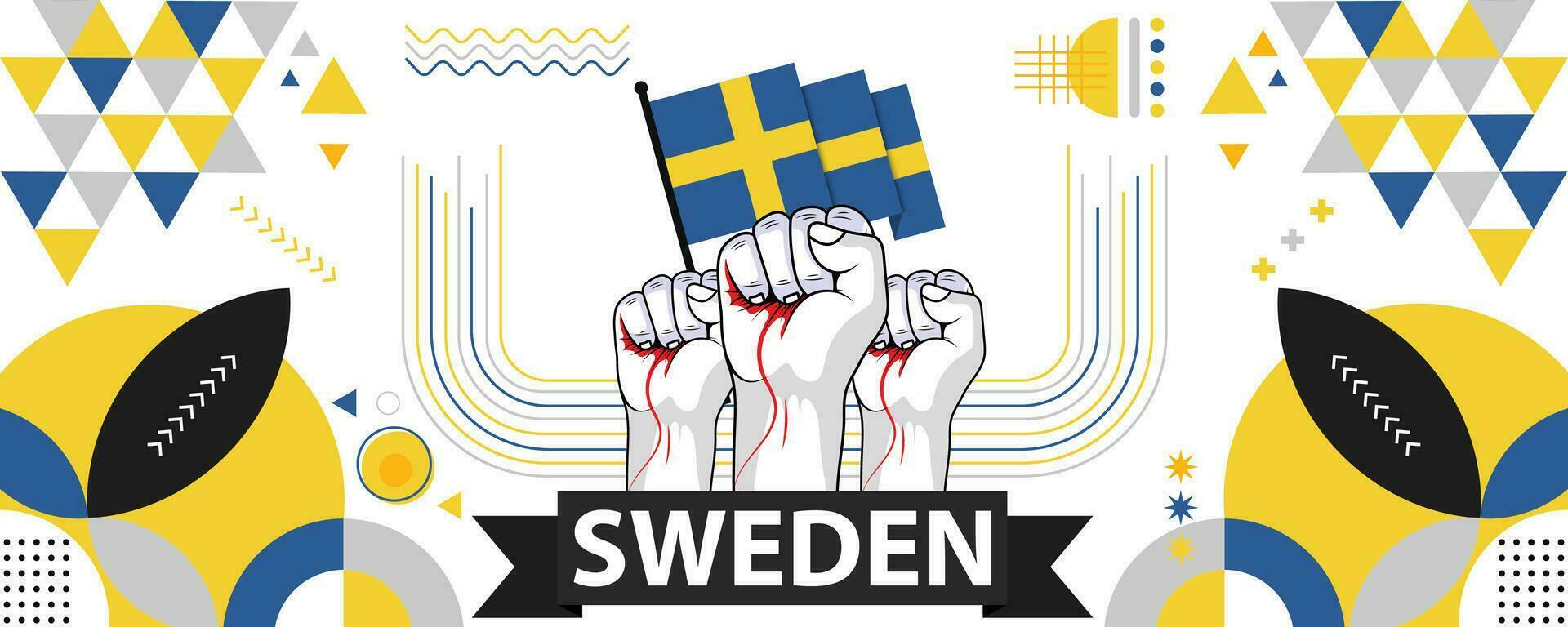 Suède nationale ou indépendance journée bannière pour pays fête. drapeau de suédois avec élevé poings. moderne rétro conception avec typorgaphie abstrait géométrique Icônes. vecteur illustration.