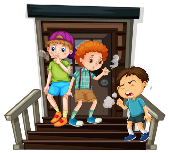 Trois garçons fumant une cigarette dans les escaliers vecteur