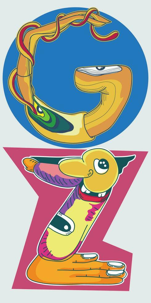 décoratif g et z alphabet des lettres avec abstrait et monstre thème vecteur