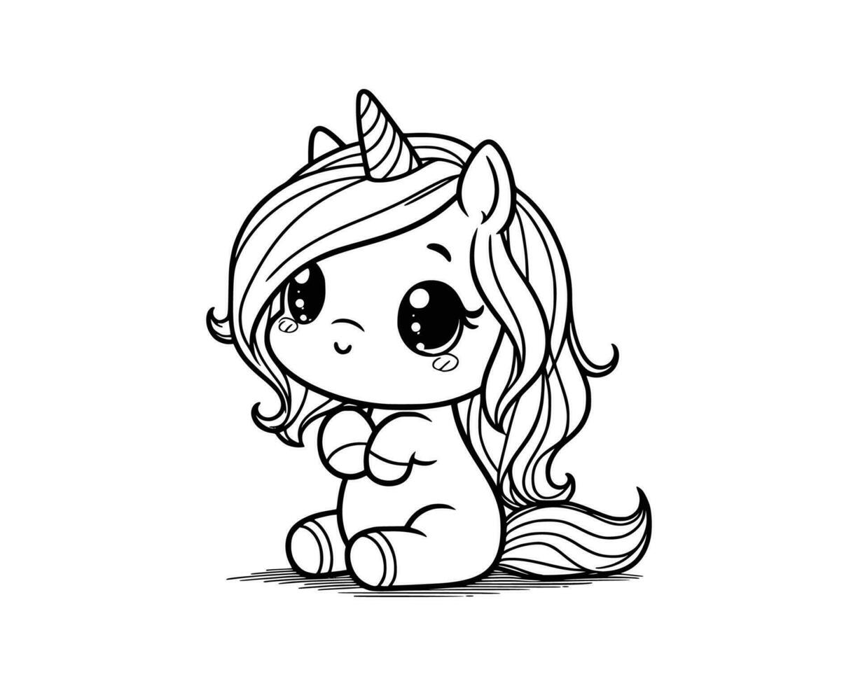 mignonne dessin animé personnage de Licorne pour coloration livre. contour ligne art. imprimable conception. isolé blanc Contexte vecteur