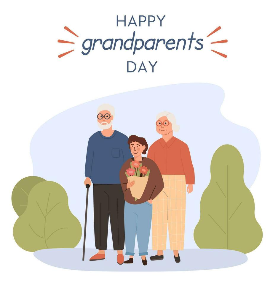 grand-père, grand-mère permanent avec petit enfant. embrassement pépé, grand-mère et petit fils en portant bouquet de fleurs. aimant famille. illustration dans plat dessin animé style pour grands-parents journée carte postale. vecteur