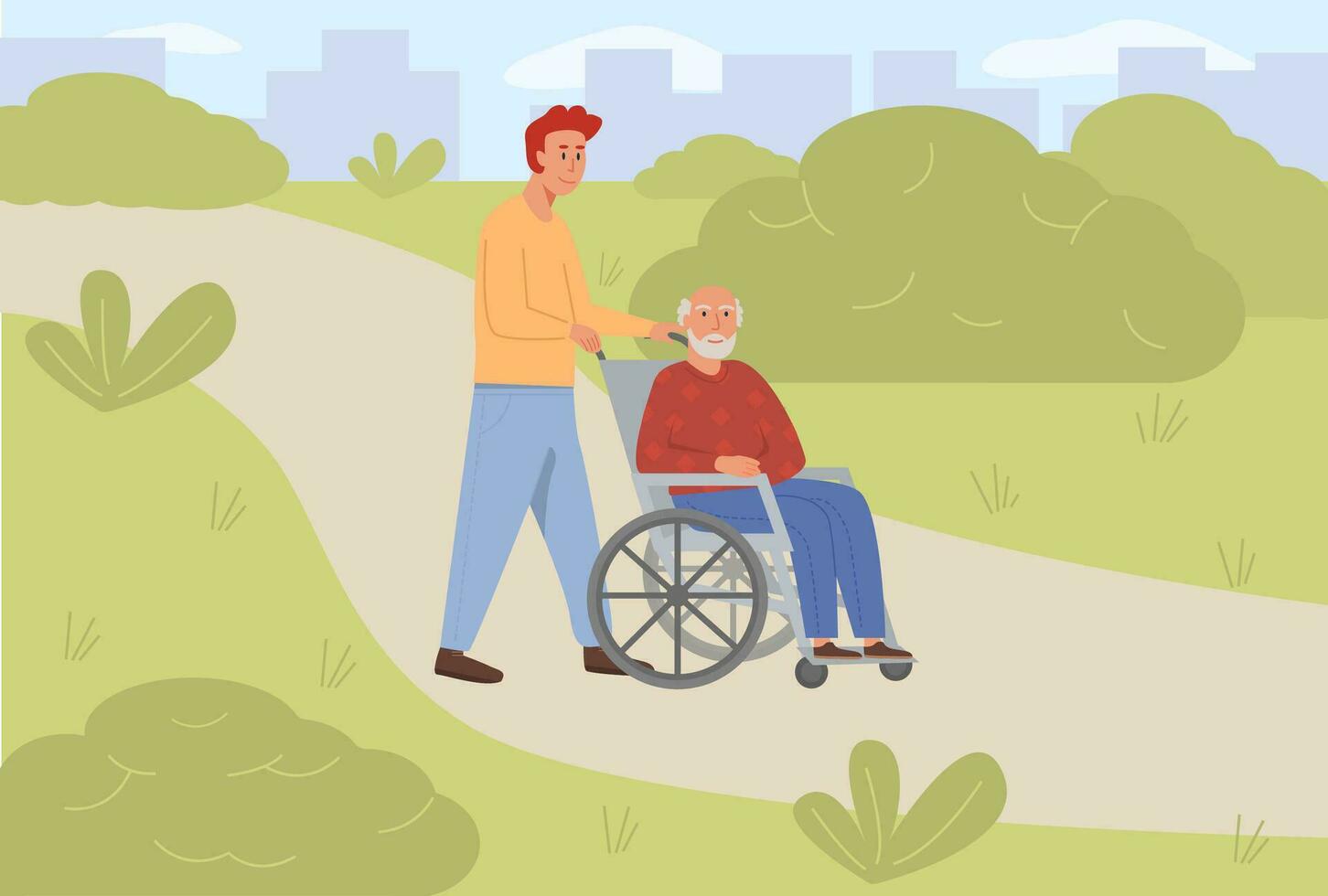 Jeune fils social ouvrier ambulant avec vieux homme sur fauteuil roulant dans vert parc. personnes âgées Sénior âge désactivée Extérieur avec bénévole. concept pour assisté vivant ou allaitement maison. plat vecteur illustration.