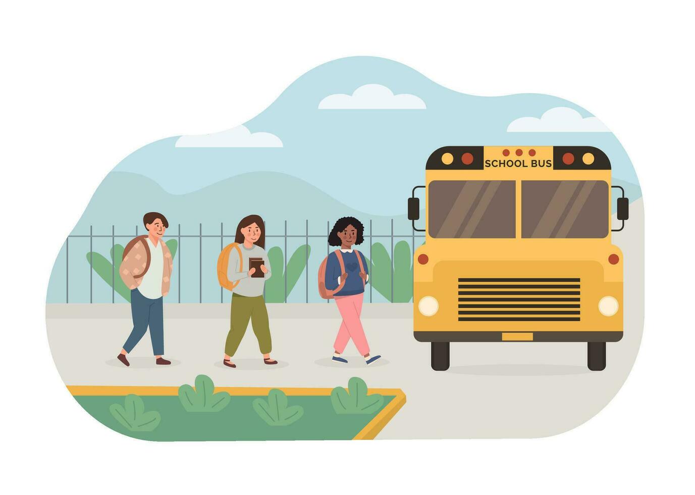 scène de Multi-éthnique, mélanger course des gamins choisi en haut par Jaune école autobus. les enfants Aller retour à école. vecteur illustration dans plat style.