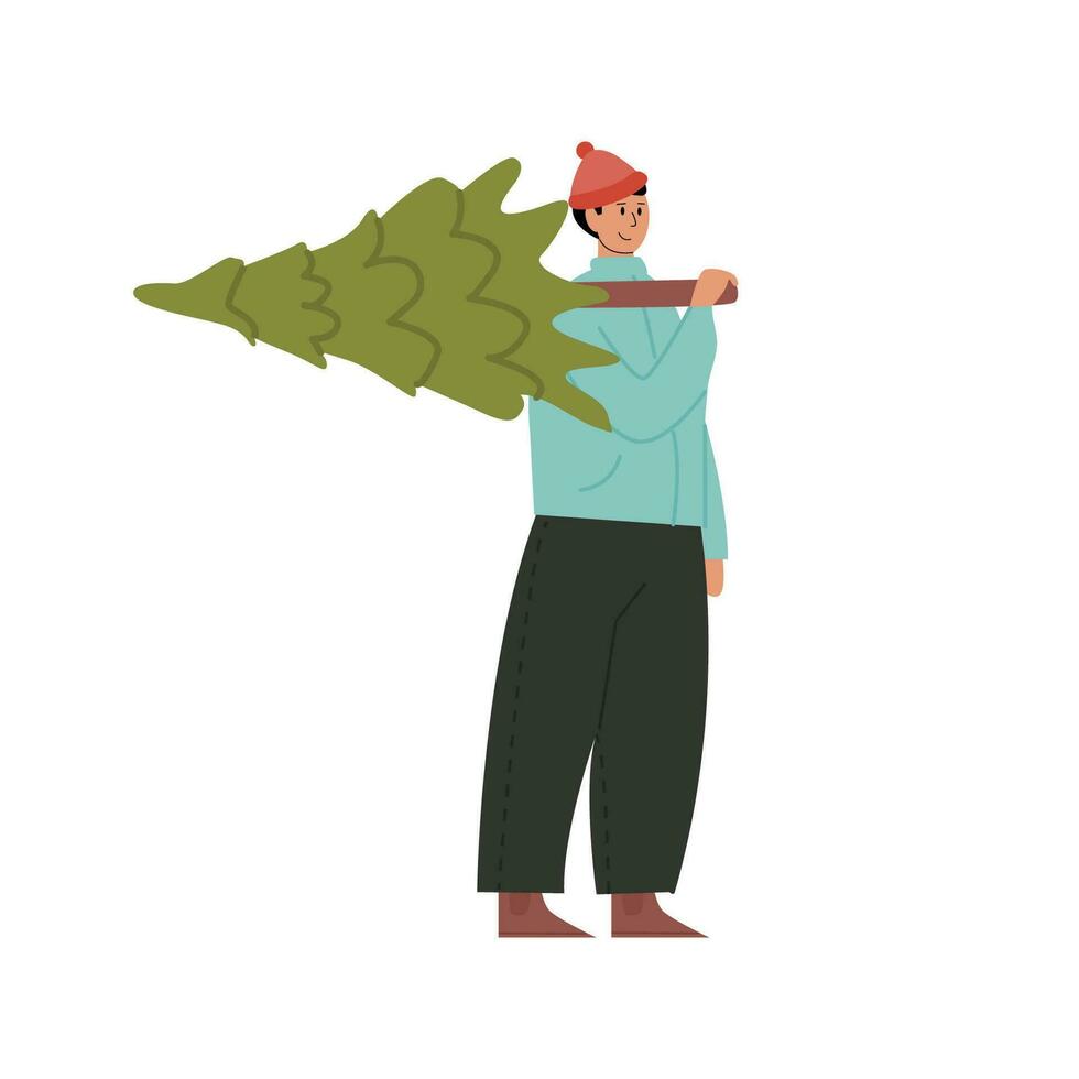 Jeune homme dans hiver vêtements porte une Noël arbre maison. joyeux gars avec sapin arbre. traditionnel Noël fête achats. de fête marché. vacances saison préparation concept. vecteur illustration.