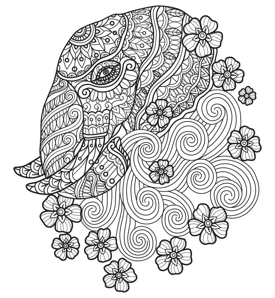 éléphant et fleurs dessinés à la main pour un livre de coloriage pour adultes vecteur