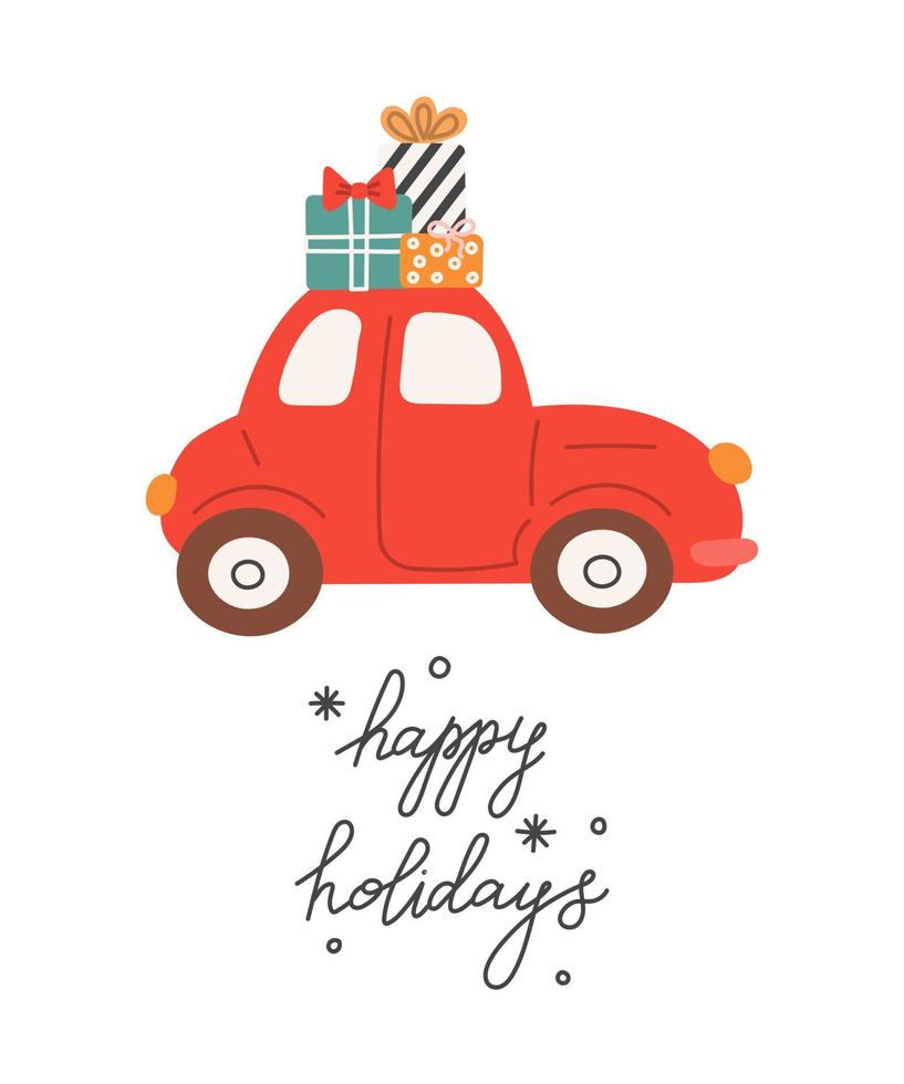 voiture rouge avec des cadeaux de noël, lettrage à la main joyeuses fêtes, illustration vectorielle dans un style plat, carte postale, affiche vecteur