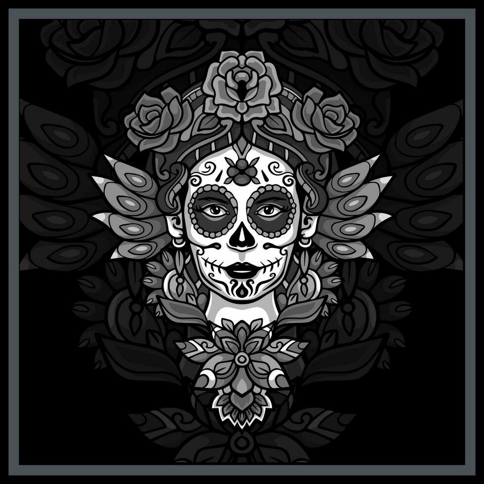 monochrome calavera fille tête mandala arts. vecteur