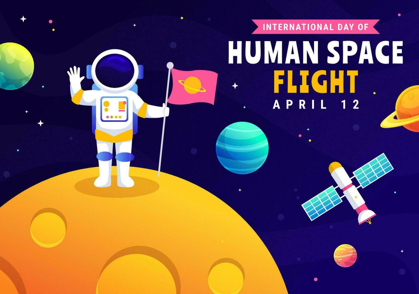 international journée de Humain espace vol vecteur illustration sur 12 avril avec astronaute permanent sur le lune, émetteur satellites et planètes