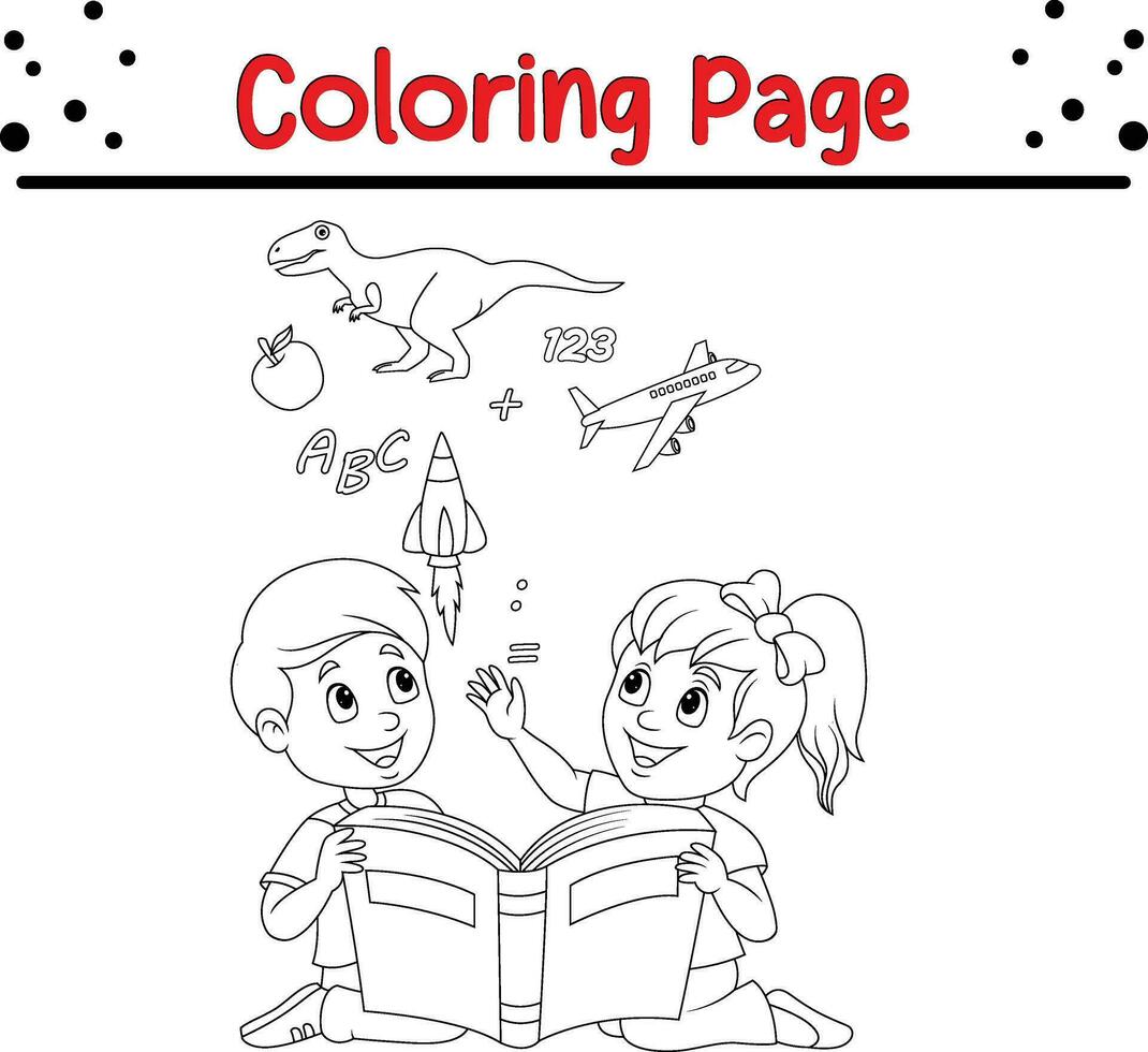 coloration page des gamins en train de lire livre éducation concept vecteur