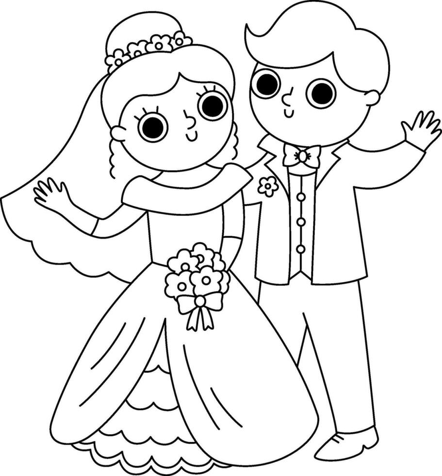 vecteur noir et blanc illustration avec la mariée et jeune marié agitant mains. mignonne juste marié couple. mariage la cérémonie ligne icône. dessin animé mariage coloration page avec nouvellement marié couple